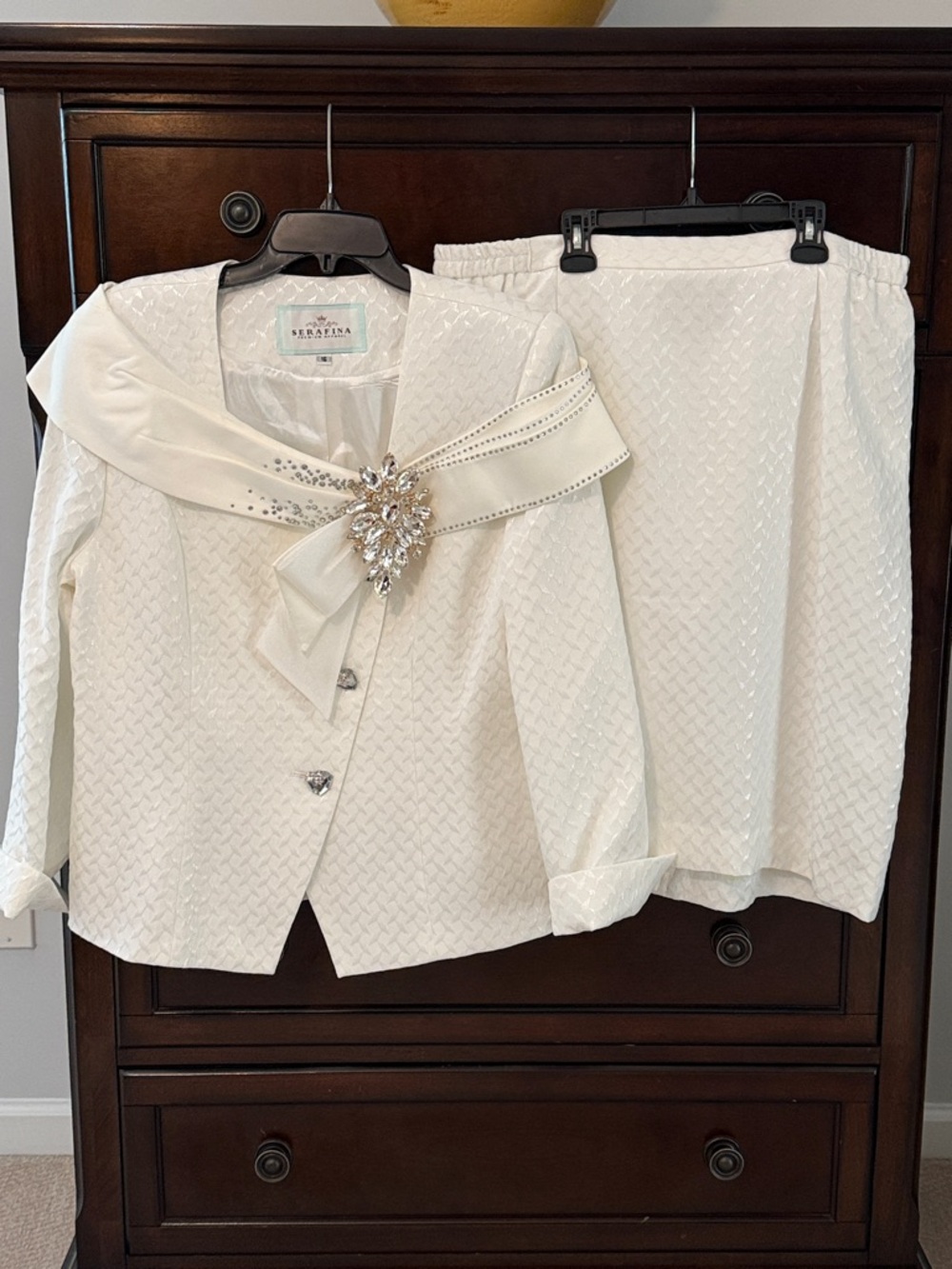 Serafina Ivory Embellished  Skirt Suit with Brooch Accent